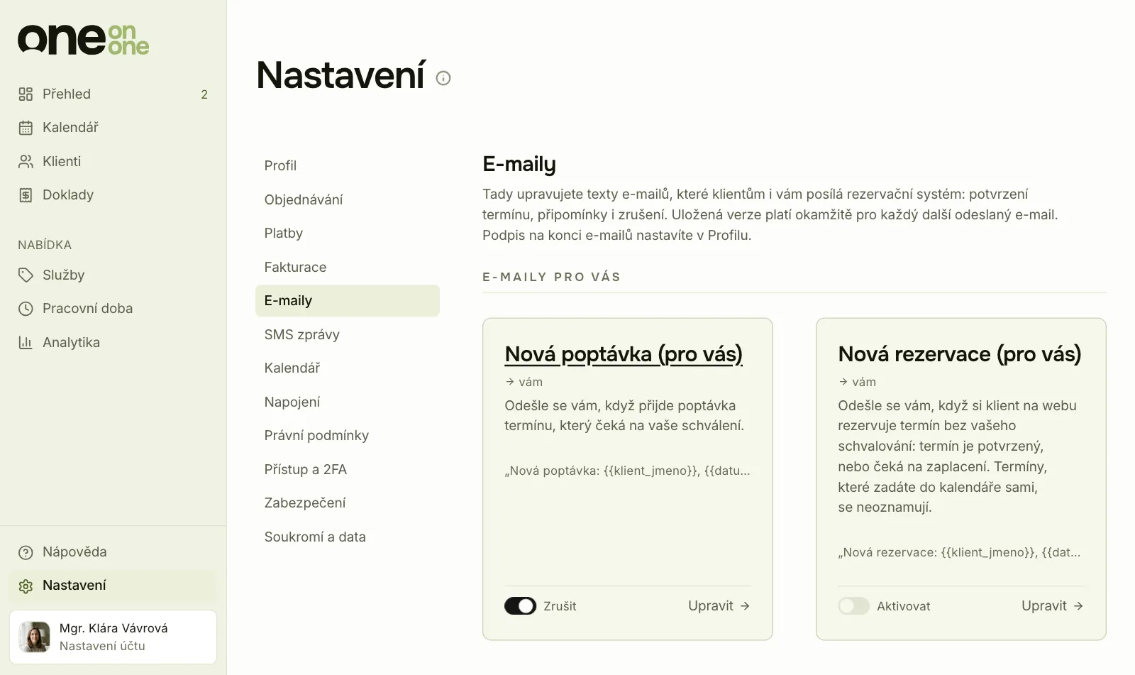 Ukázka Online pracovny: nastavení e-mailů