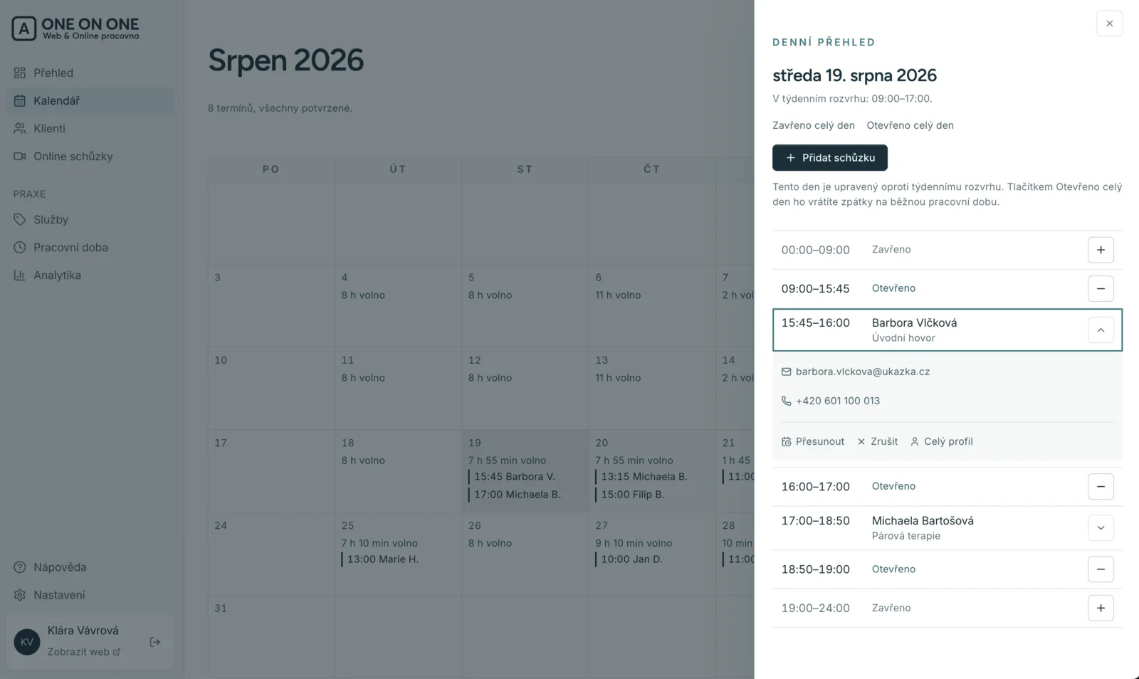 Ukázka administrace Online pracovny: kalendář a rezervace